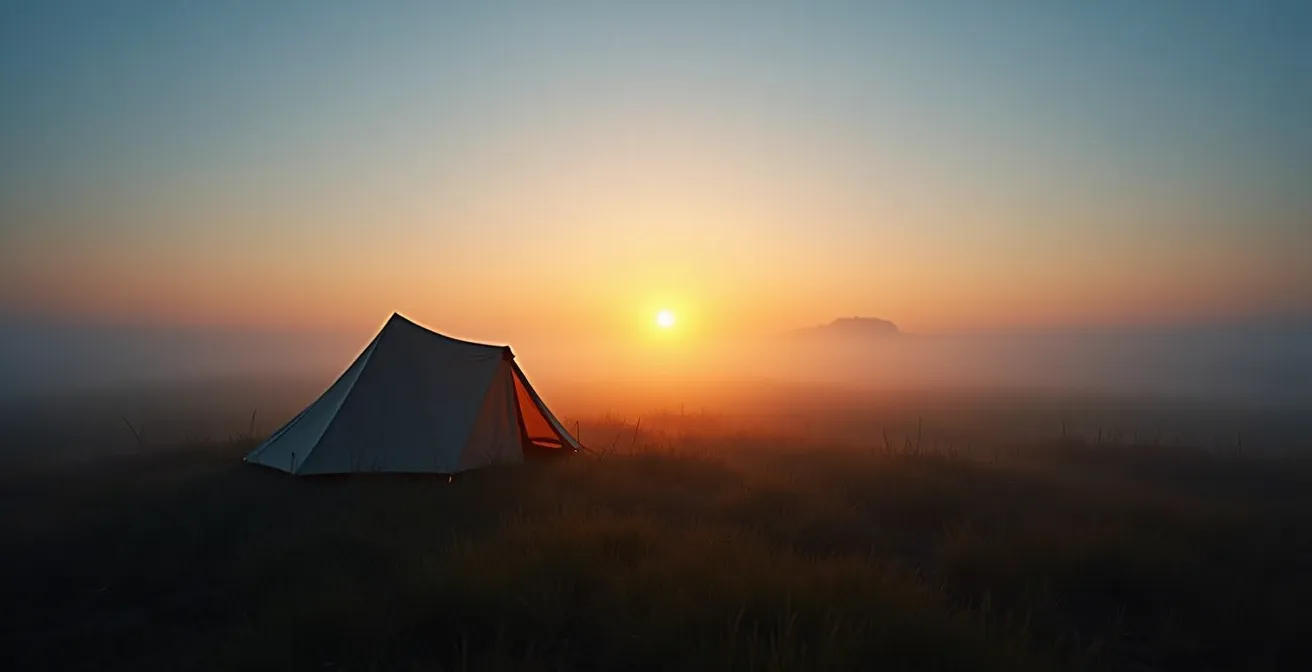 Vista ampia di un campeggio all'alba con tenda e primi raggi di sole