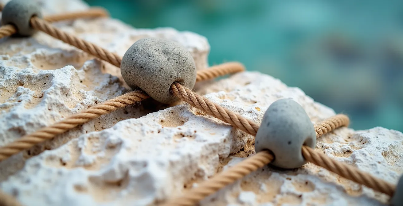 Sistema di ancoraggio con sacche di zavorra e pietre locali su scogliera calcarea pugliese