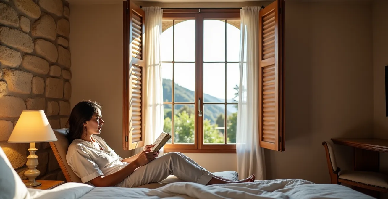 Interno di una camera con ventilazione incrociata naturale e ombreggiature tradizionali
