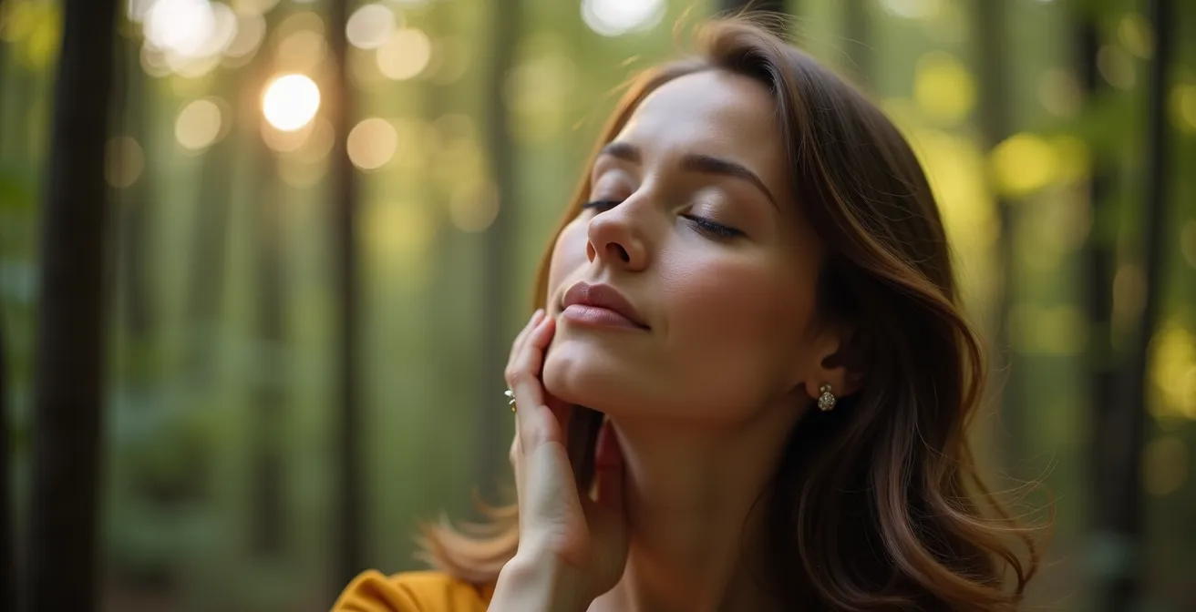 Primo piano di persona con occhi chiusi che ascolta attentamente i suoni del bosco in meditazione