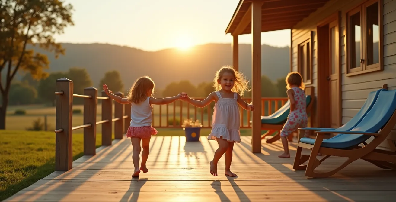 Bambini che giocano liberamente nella veranda di una maxi caravan in un campeggio sicuro