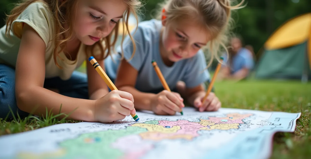 Bambini che disegnano una mappa colorata della piazzola con zone silenziose evidenziate