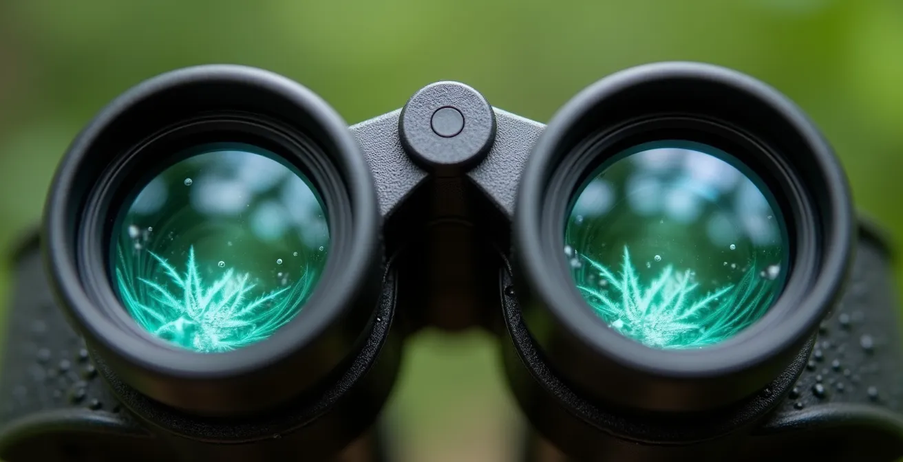 Dettaglio macro di lenti di un binocolo con riflessi di vegetazione