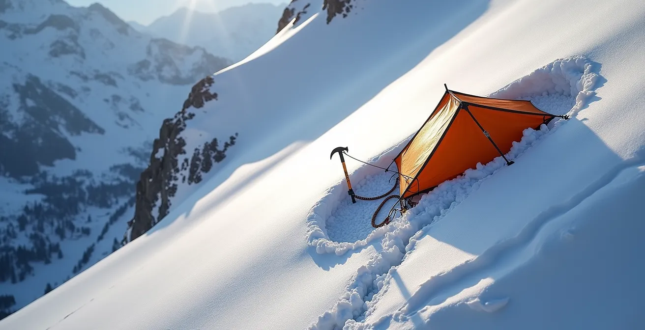 Sistema di ancoraggio per bivacco sicuro su pendio ripido in montagna