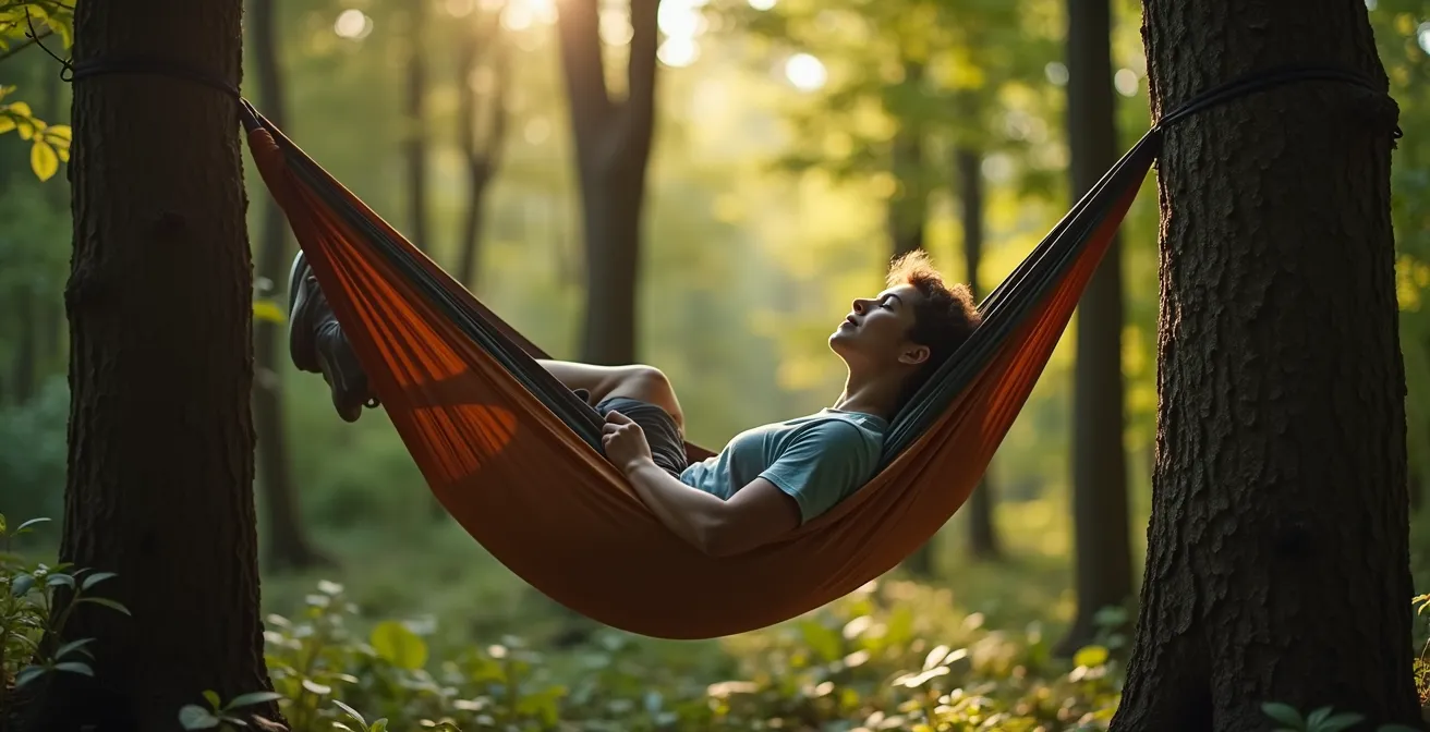 Sistema di campeggio sospeso con amaca tra gli alberi in un bosco
