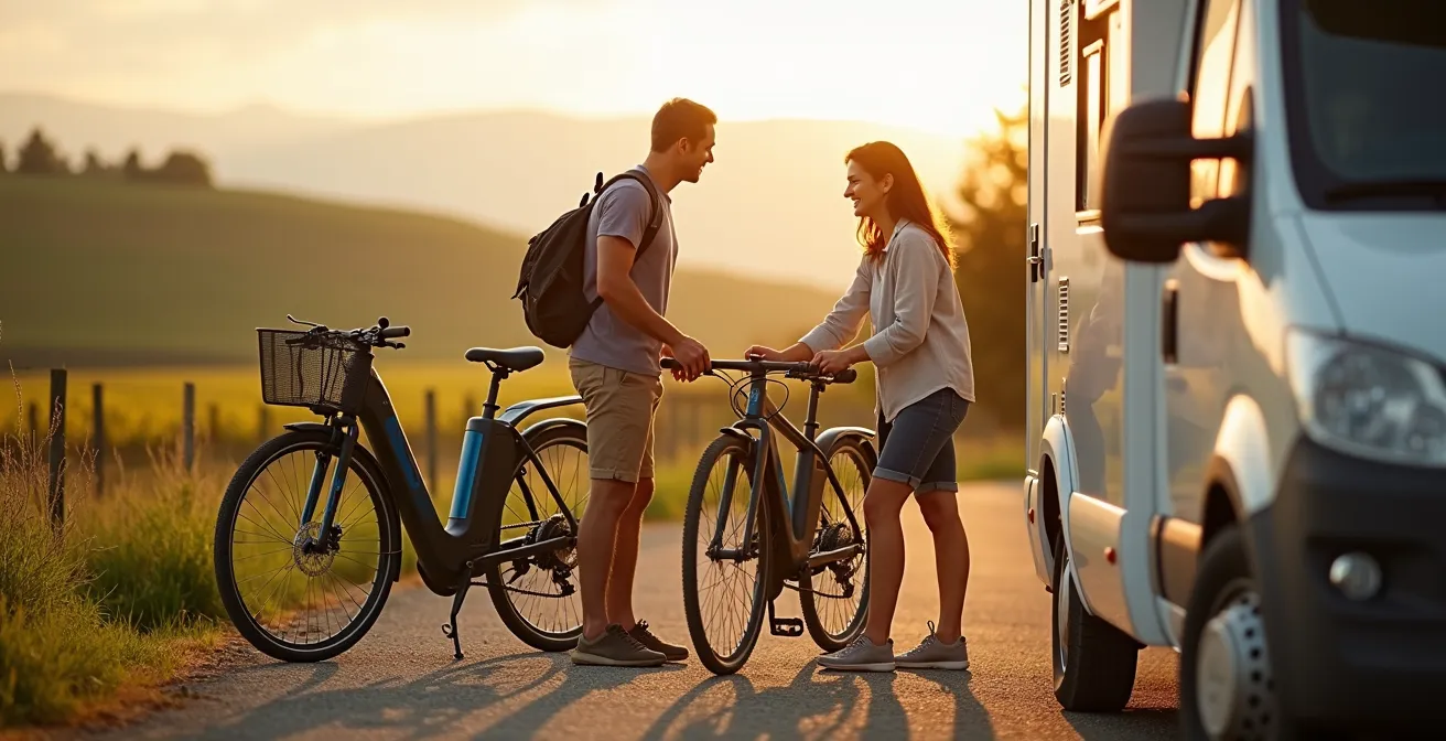 Camper parcheggiato con biciclette elettriche pronte per esplorare le cantine del Chianti