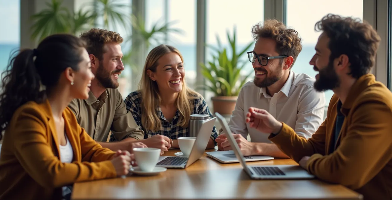 Gruppo di nomadi digitali in spazio coworking luminoso con vista mare, conversazione informale durante pausa caffè