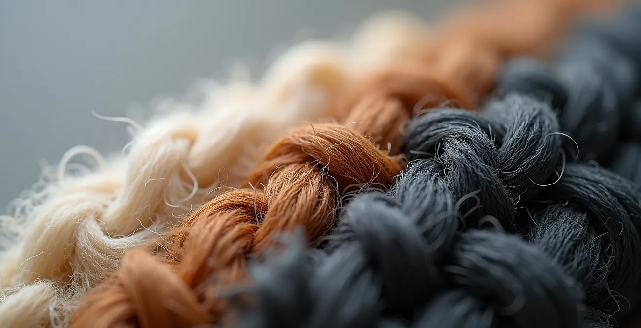 Dettaglio macro delle fibre di lana merino e poliestere