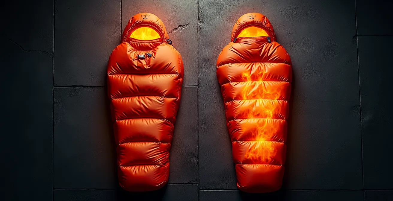 Confronto visivo tra sacco a pelo a mummia e forma rettangolare con distribuzione del calore