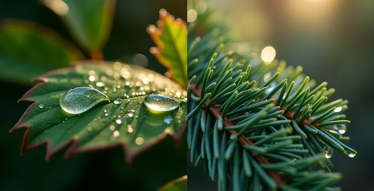 Macro fotografia di gocce di rugiada su foglie di leccio e aghi di pino al mattino
