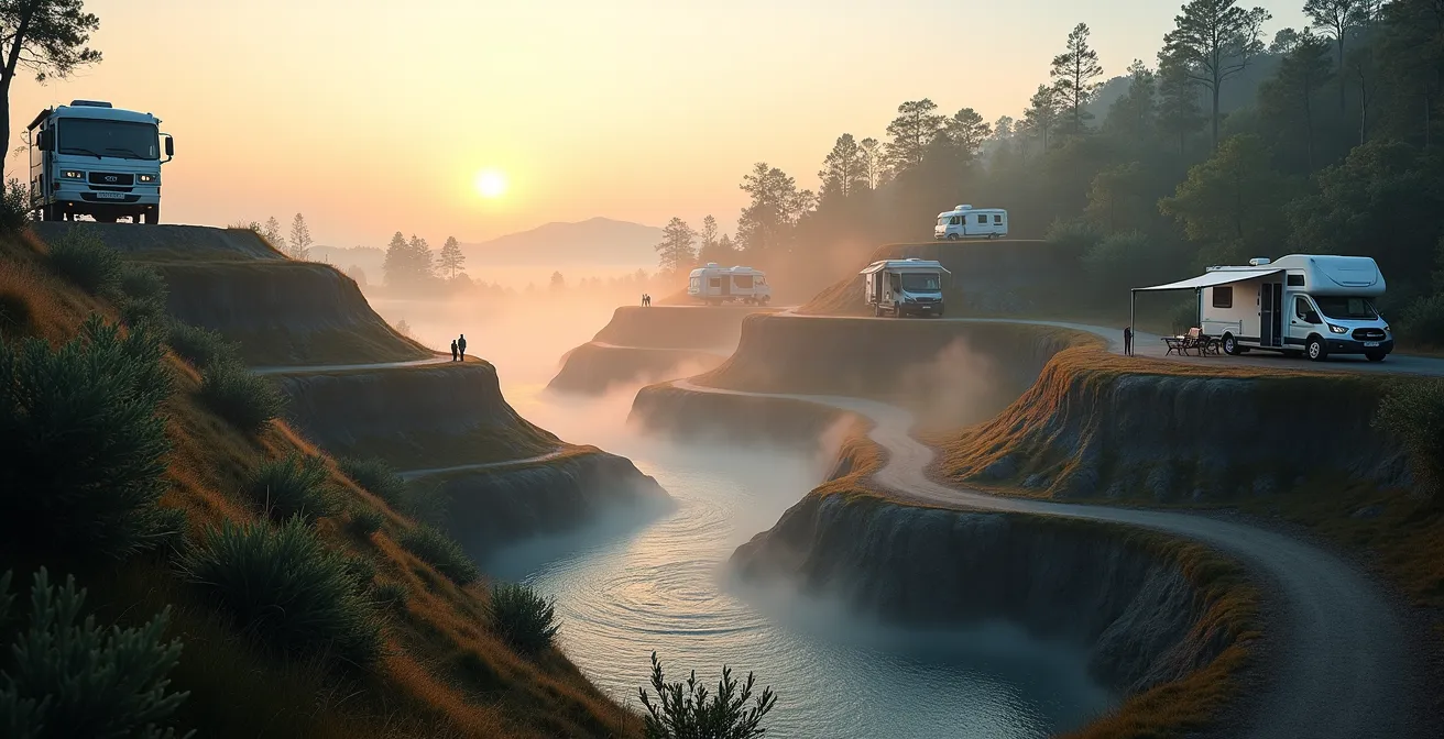 Vista laterale di un camping terrazzato al tramonto mostrando le correnti d'aria che salgono e scendono tra i livelli
