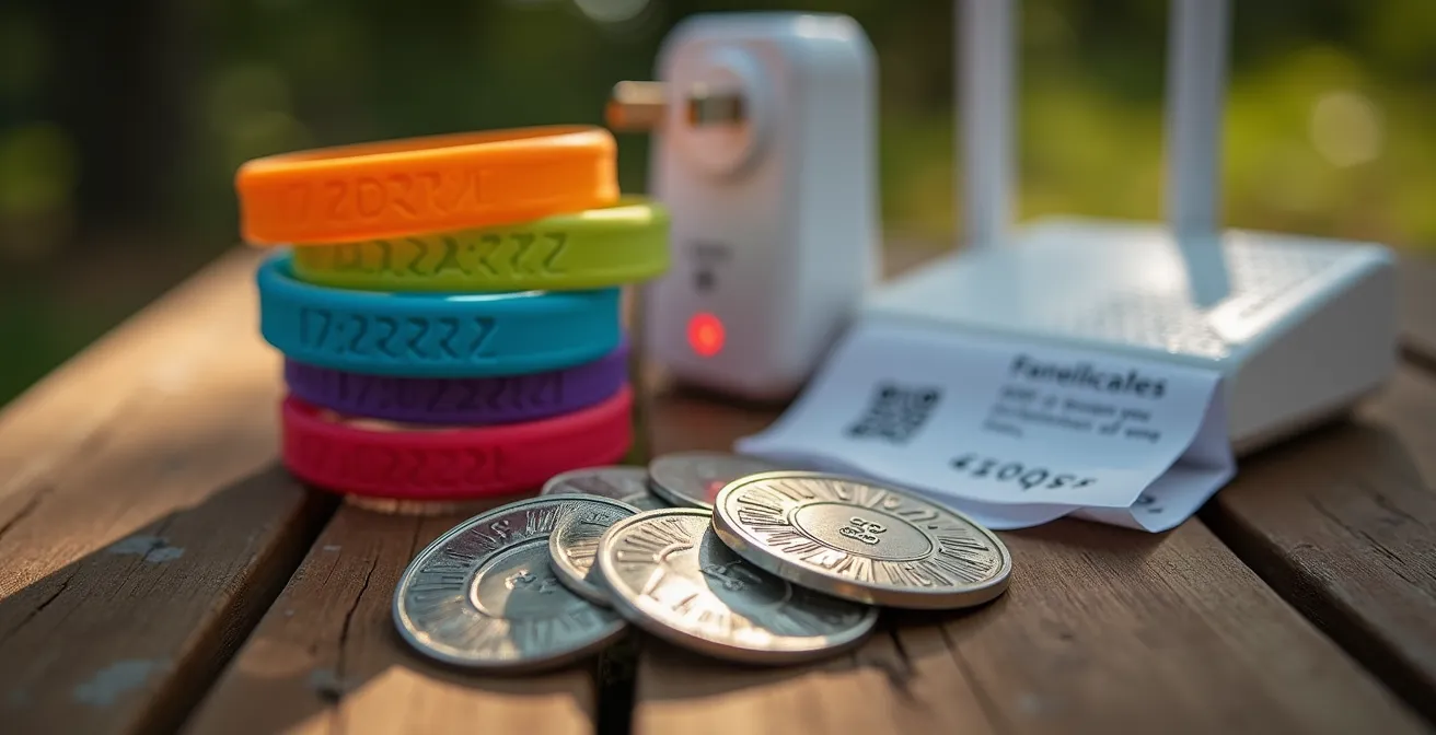 Composizione macro di braccialetti resort e gettoni servizi che rappresentano costi aggiuntivi