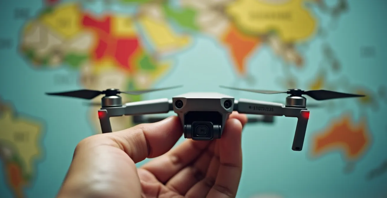 Primo piano di una mano che tiene un drone con mappe aeronautiche sfocate sullo sfondo