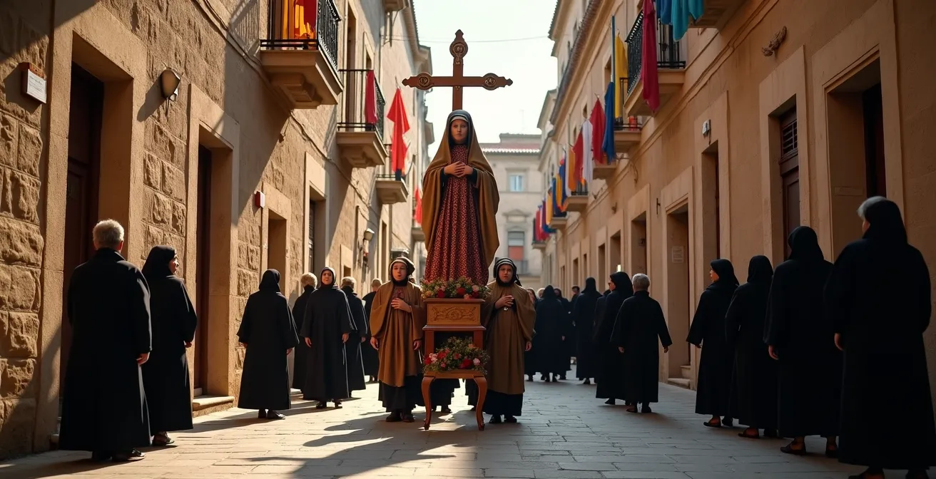 Processione religiosa in un borgo medievale umbro durante festa patronale