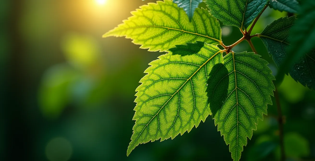 Dettaglio macro di foglie con nervature frattali illuminate dalla luce filtrata