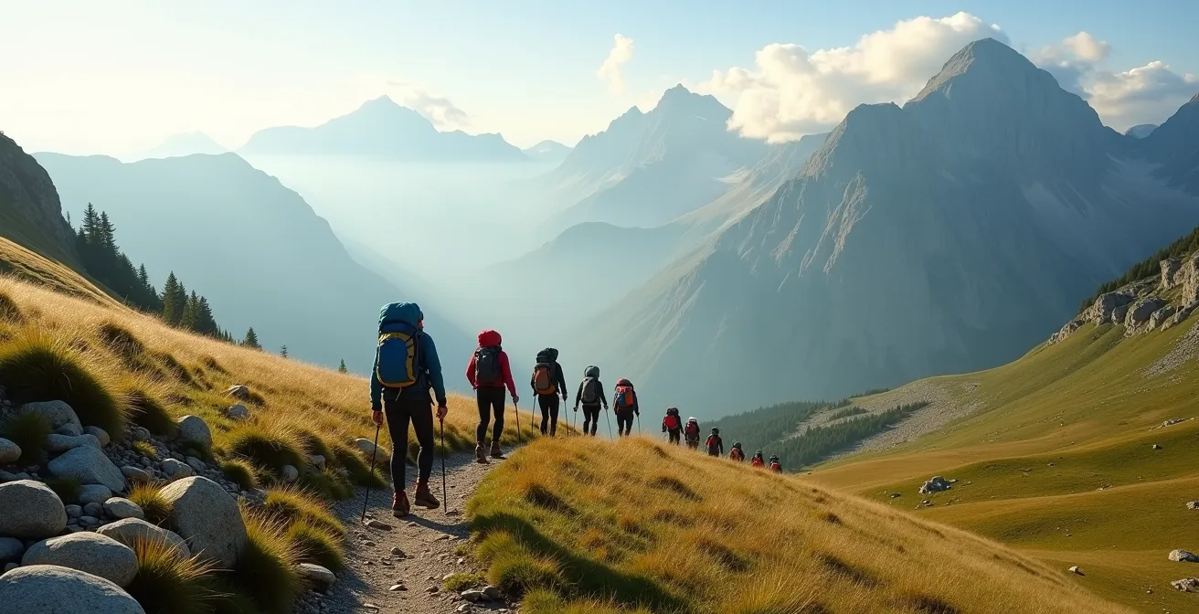 Vista ampia di un gruppo di escursionisti su un sentiero di montagna immerso nella natura