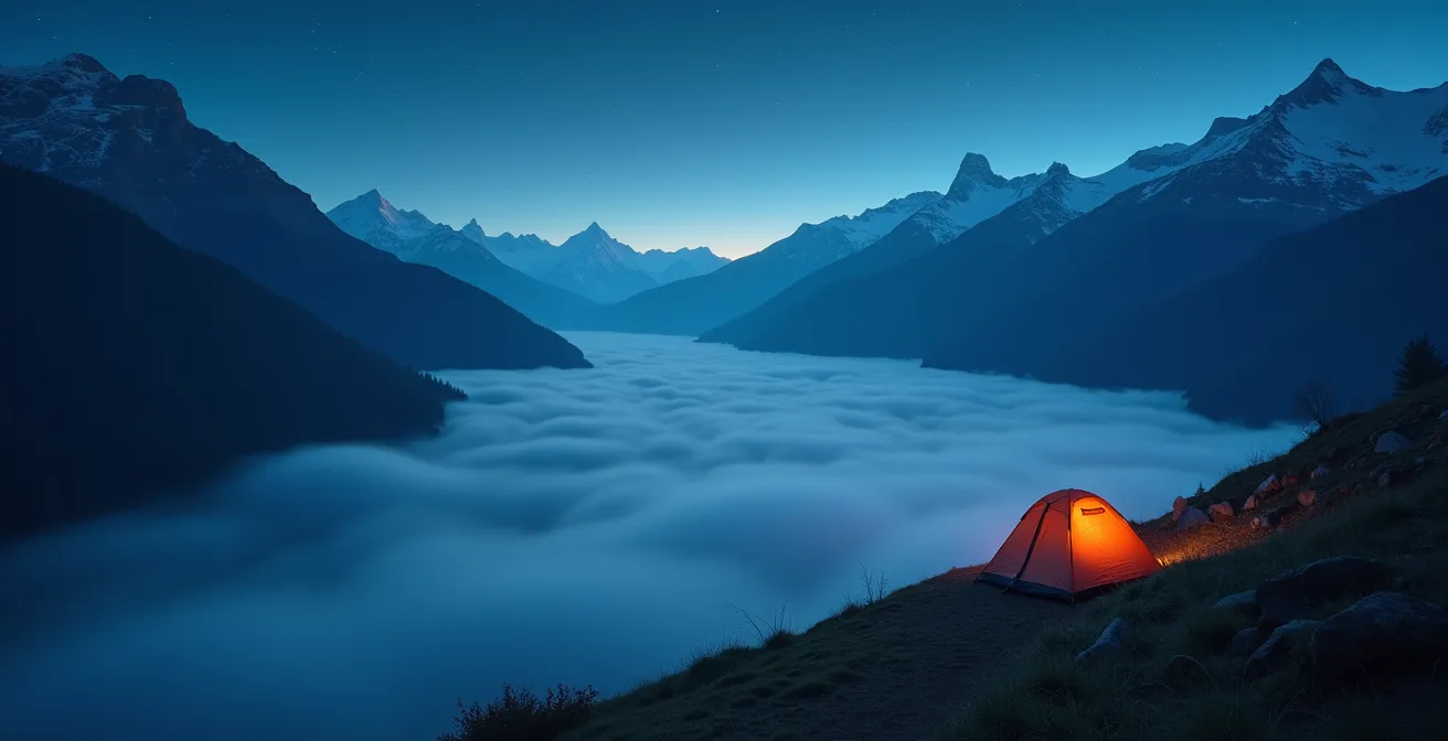Rappresentazione dell'inversione termica notturna in una valle alpina con tenda posizionata strategicamente