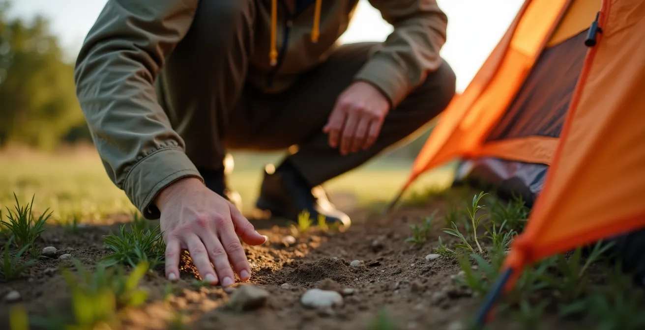 Campeggiatore che ispeziona attentamente il terreno prima di montare la tenda