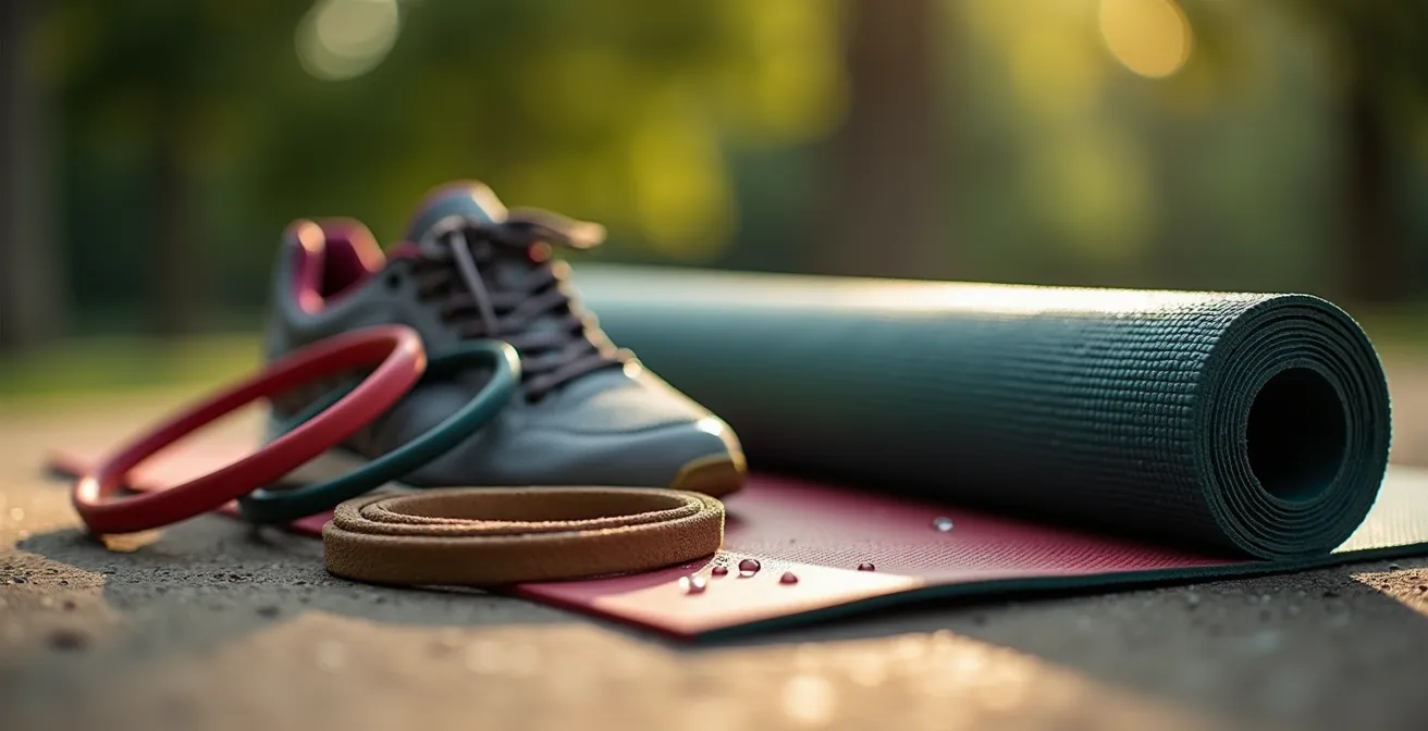 Attrezzatura fitness minimalista disposta su tappetino da yoga in parco urbano all'alba