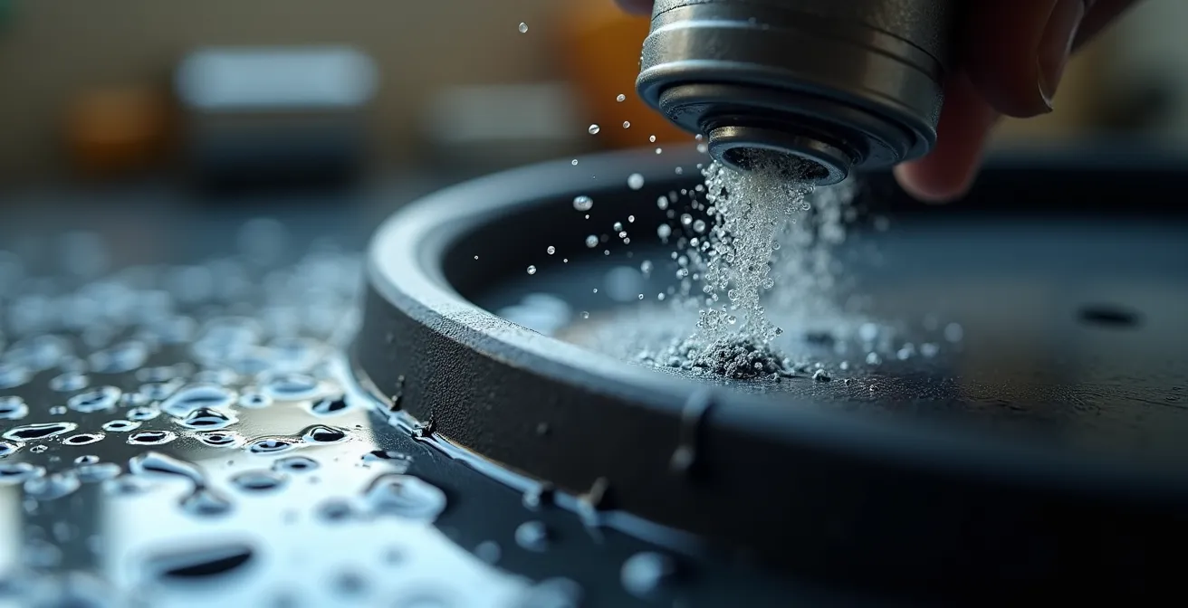 Dettaglio macro di una guarnizione in gomma con applicazione di spray al silicone