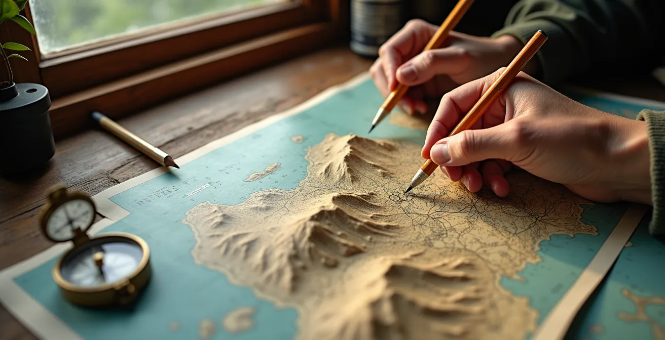 Mappa topografica con annotazioni per pianificare punti di scatto fotografici e direzione della luce all'alba