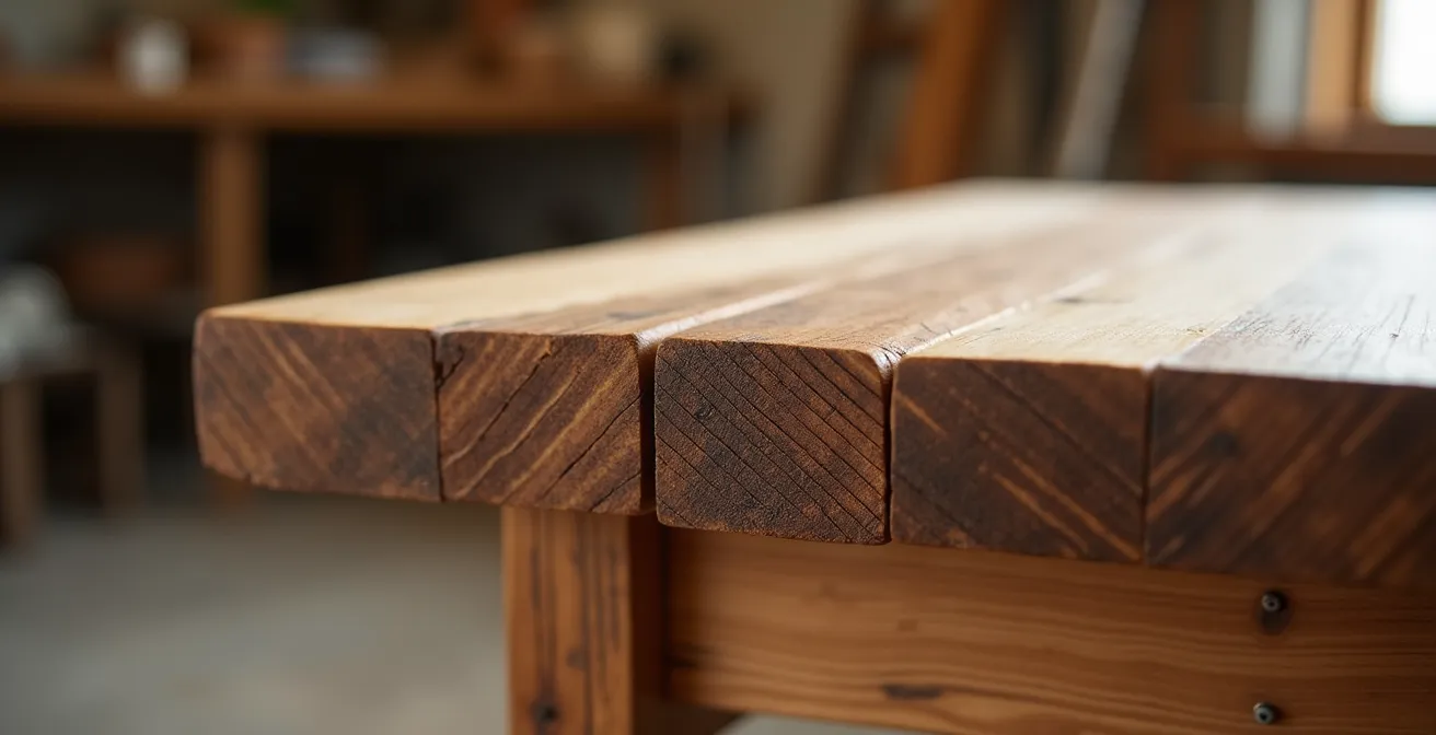 Dettaglio ravvicinato di mobili artigianali in legno di recupero con texture naturali visibili