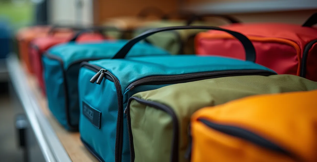 Sistema organizzato di packing cubes colorati in una maxi caravan