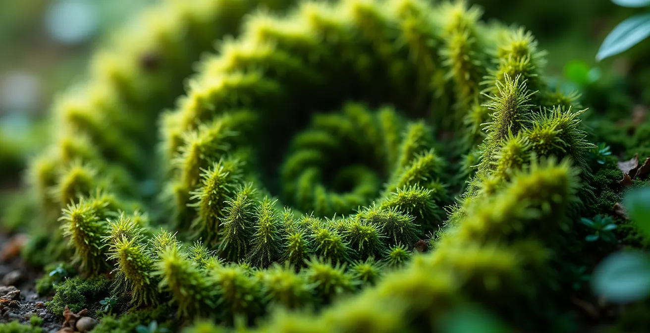 Vista macro di muschio e felci che mostra i pattern frattali naturali in dettaglio