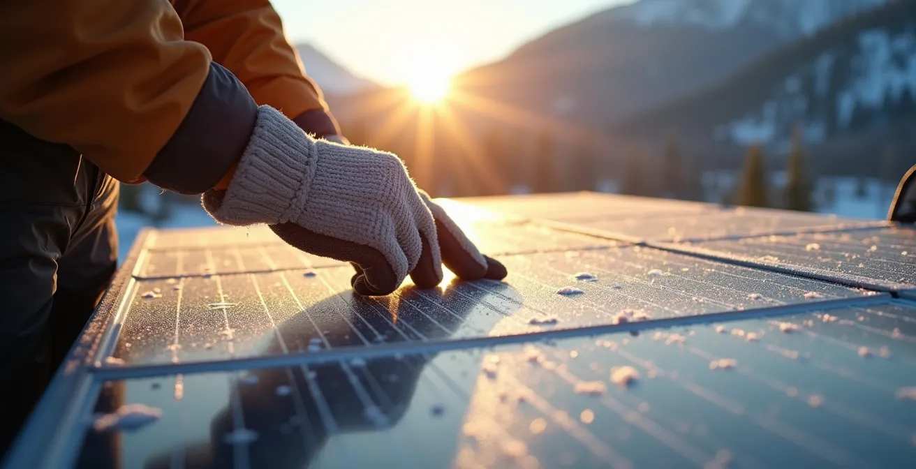 Pannelli solari su tetto camper con brina invernale al mattino