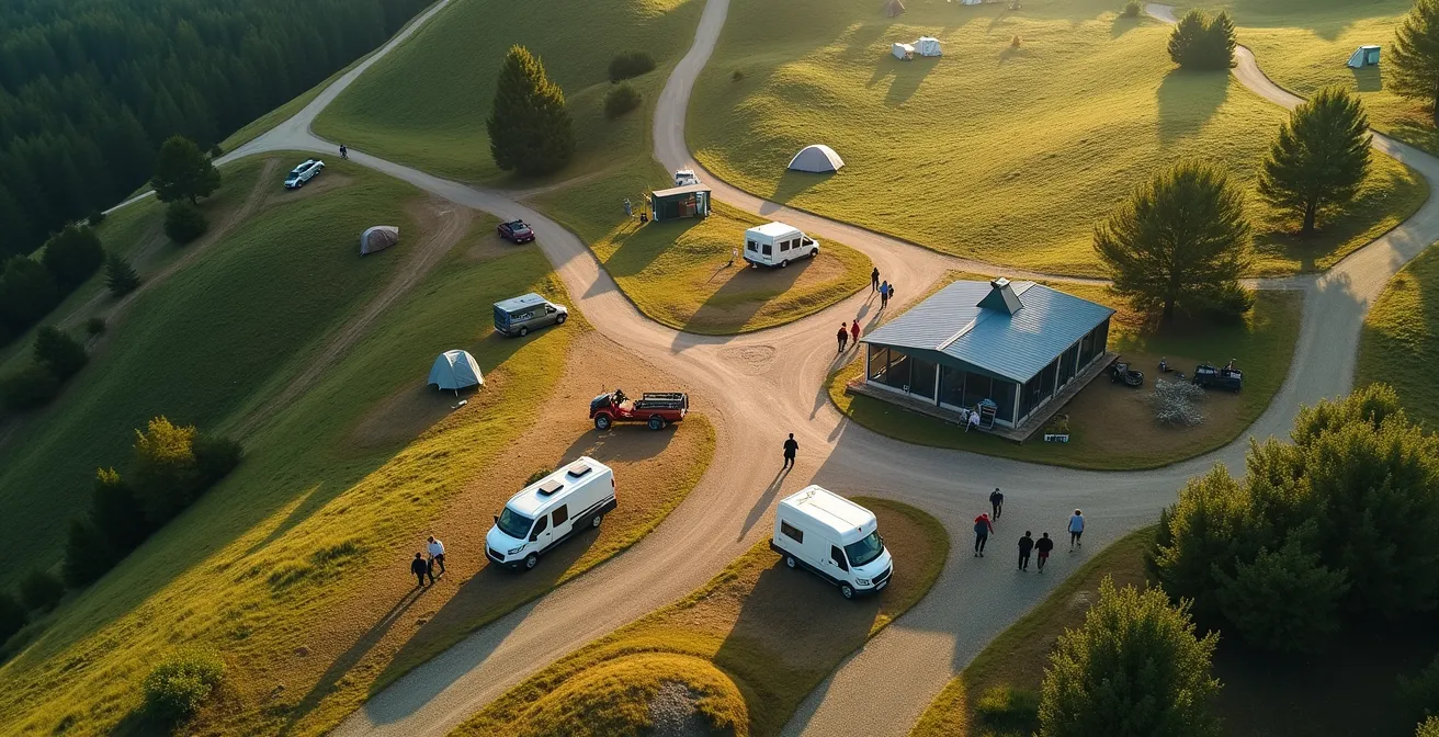 Vista dall'alto di un camping mostrando i percorsi tra piazzole remote e servizi principali