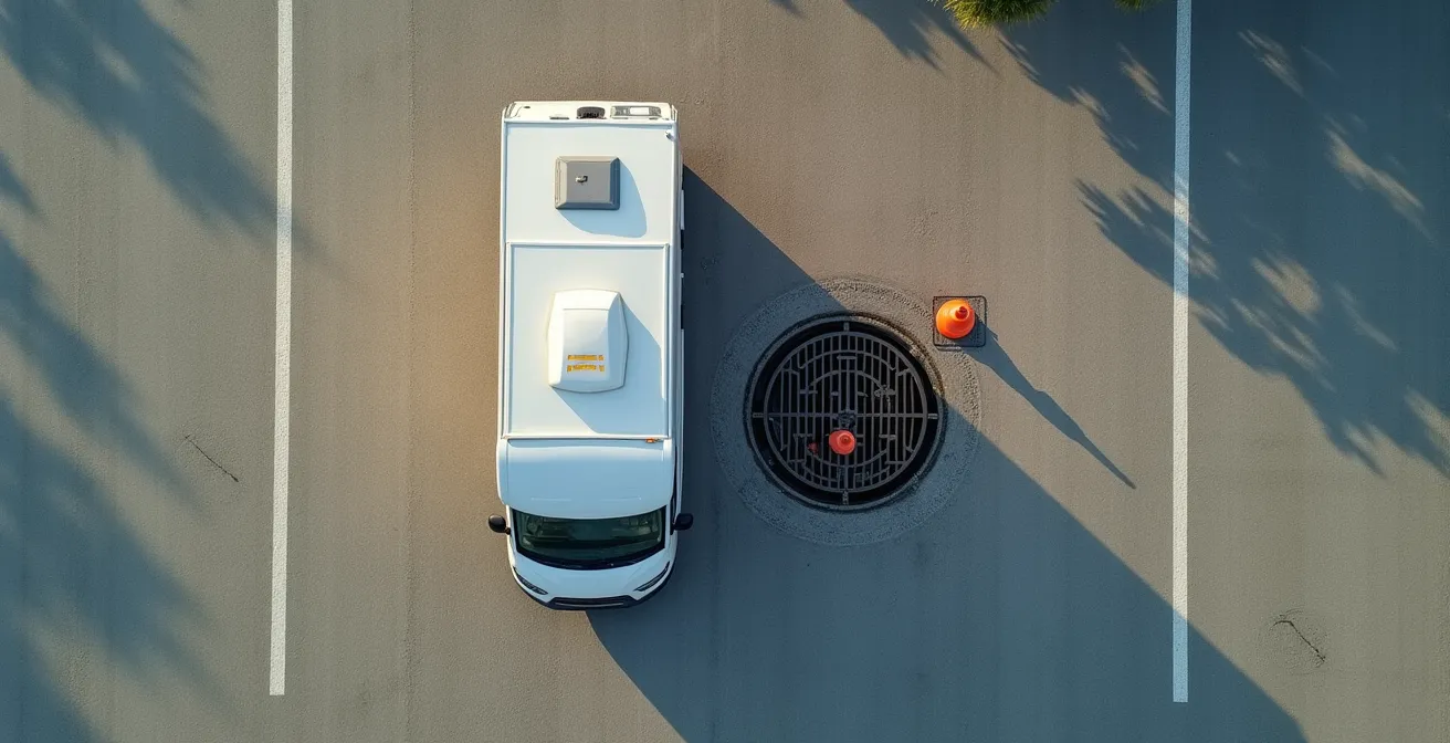 Vista dall'alto di un camper posizionato sopra una griglia di scarico con punti di riferimento visibili