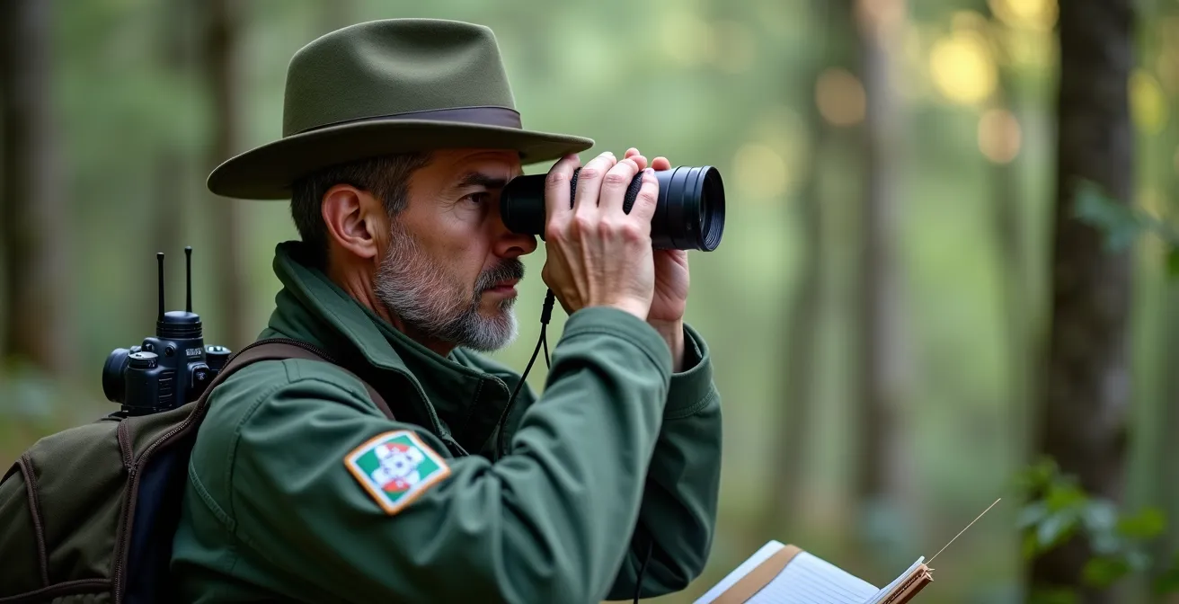 Guardiaparco in uniforme durante attività di sorveglianza in area protetta montana