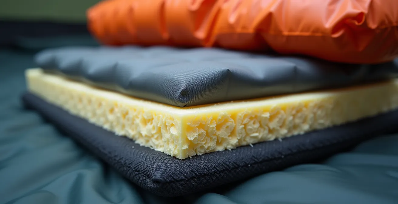 Sezione trasversale di un sistema di isolamento a strati con materassino e accessori