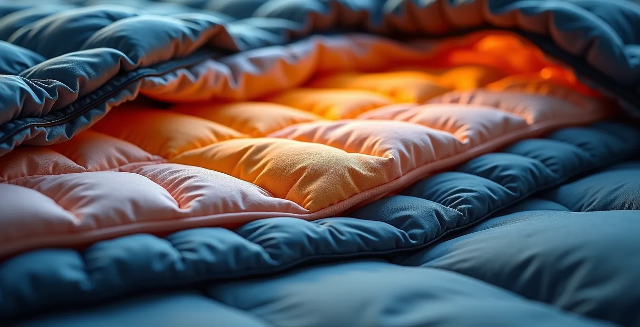 Sistema completo di isolamento termico in tenda alpina con materassino e sacco a pelo