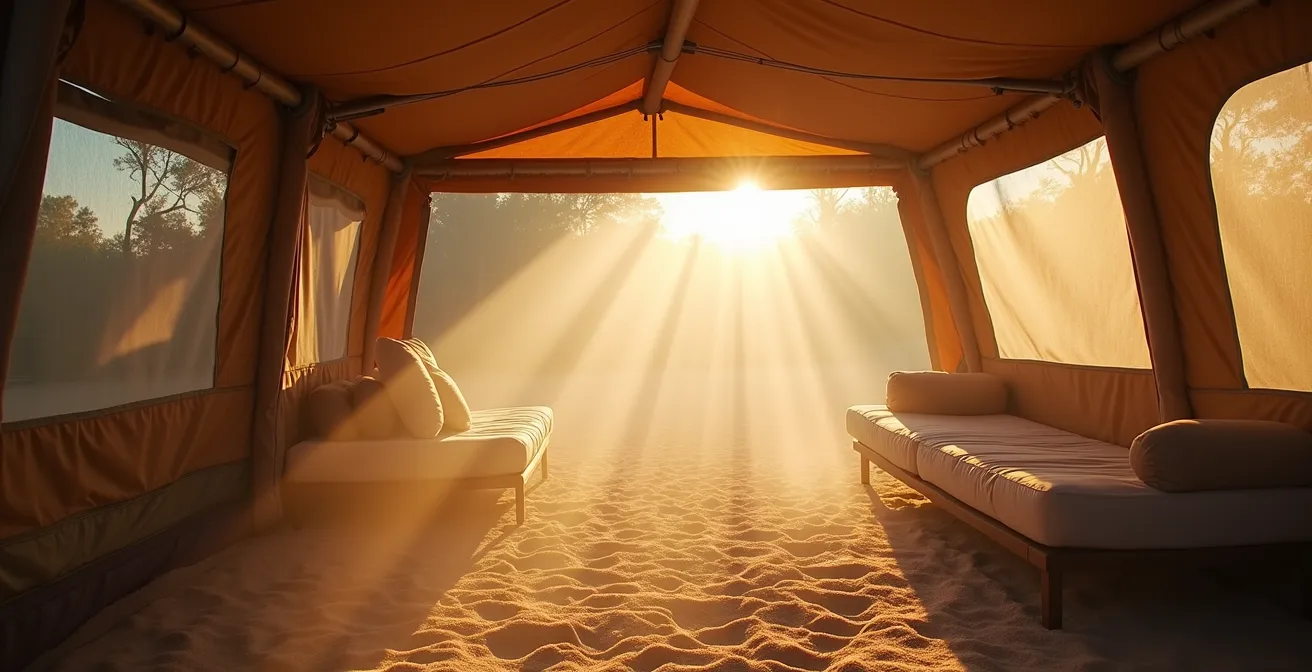 Schema di ventilazione naturale in una veranda da campeggio con frecce che indicano il flusso d'aria