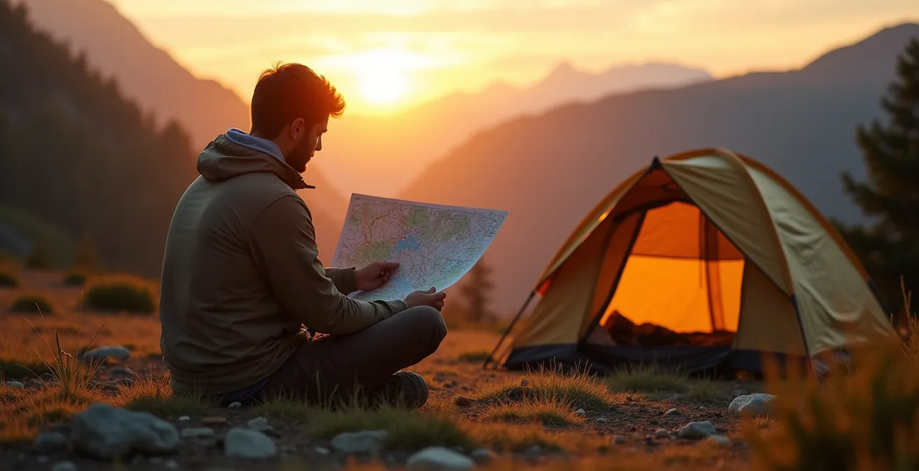 Campeggiatore che legge una mappa locale seduto davanti alla tenda al tramonto