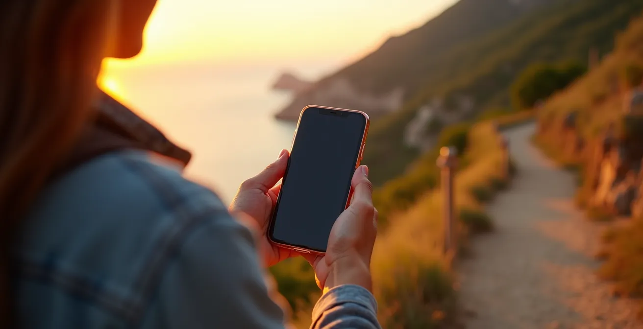 Mano che regge smartphone con mappa GPS su sentiero costiero