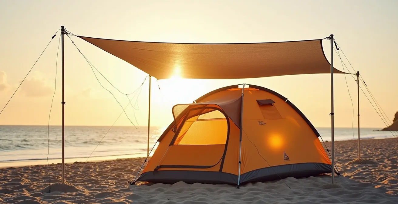 Telo parasole sospeso sopra una tenda da campeggio sulla sabbia all'alba