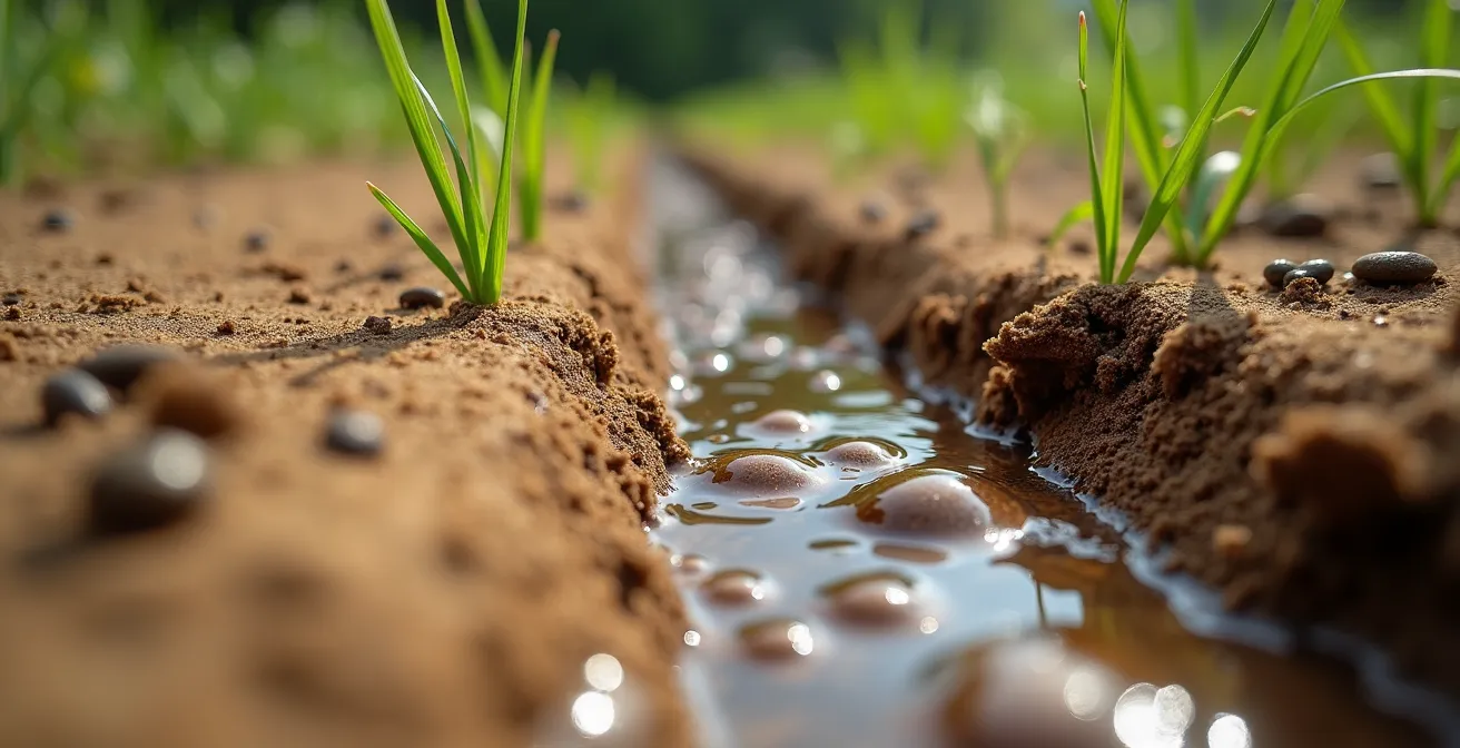 Vista ravvicinata del terreno di una piazzola con test di drenaggio dell'acqua