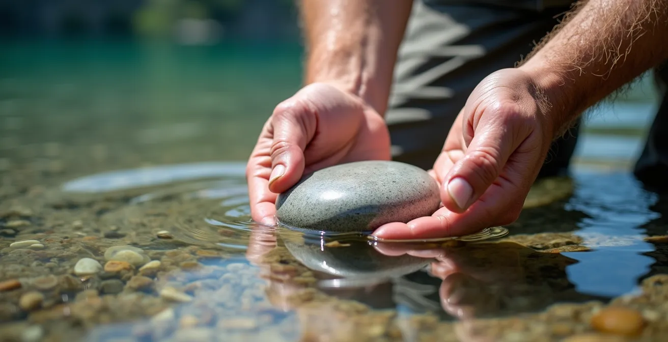 Primo piano di mani che eseguono il test del sasso in acque lacustri trasparenti