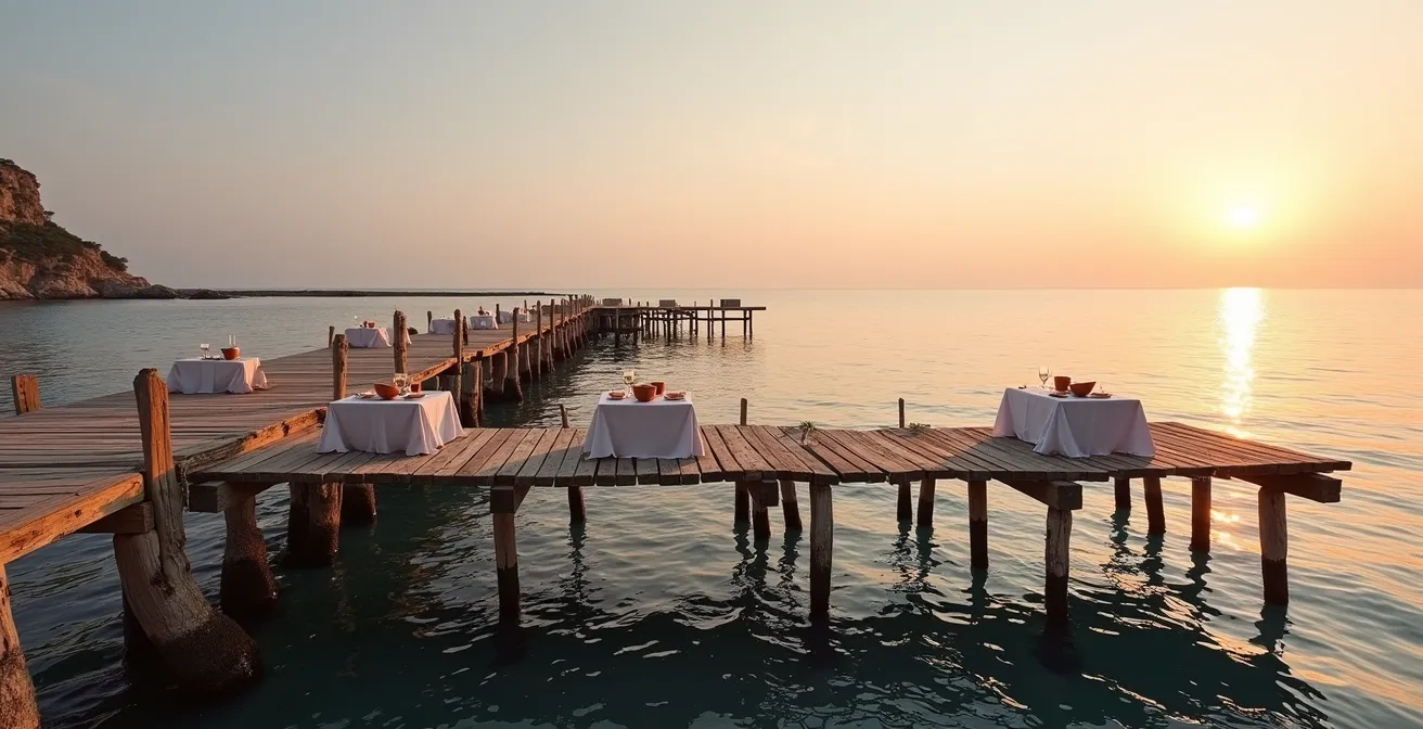 Trabucco tradizionale pugliese illuminato dalla luce dorata del crepuscolo sulla costa adriatica