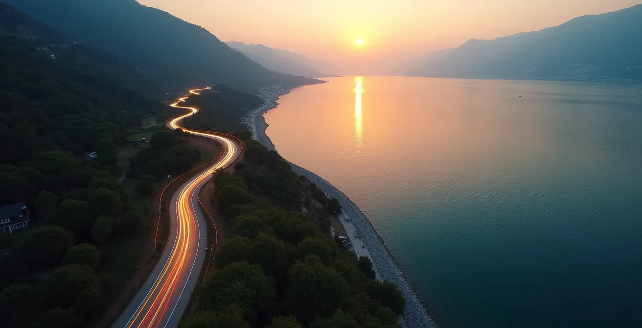 Vista aerea della strada Gardesana con traffico e percorsi alternativi nelle colline