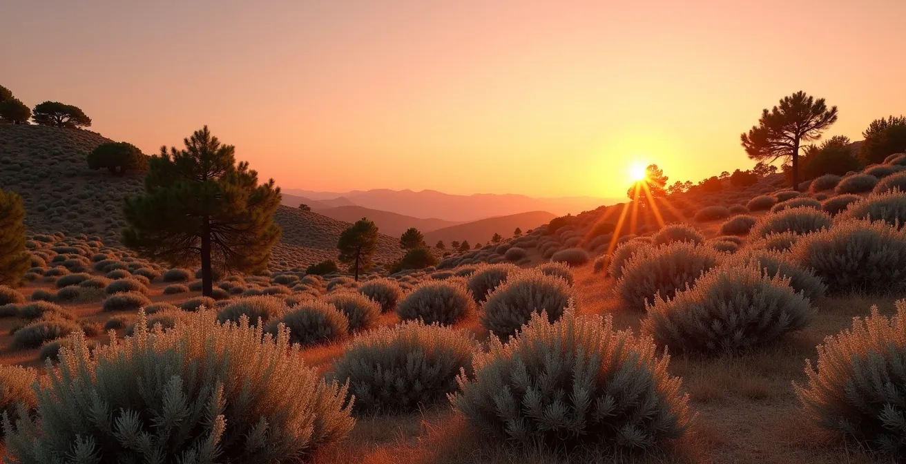 Vista ampia del tramonto sulla macchia mediterranea con vegetazione in controluce