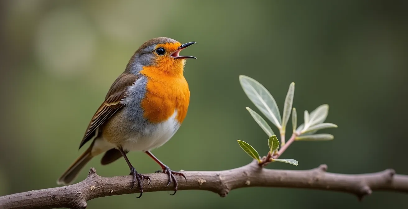 Pettirosso maschio in postura di allerta territoriale su un ramo