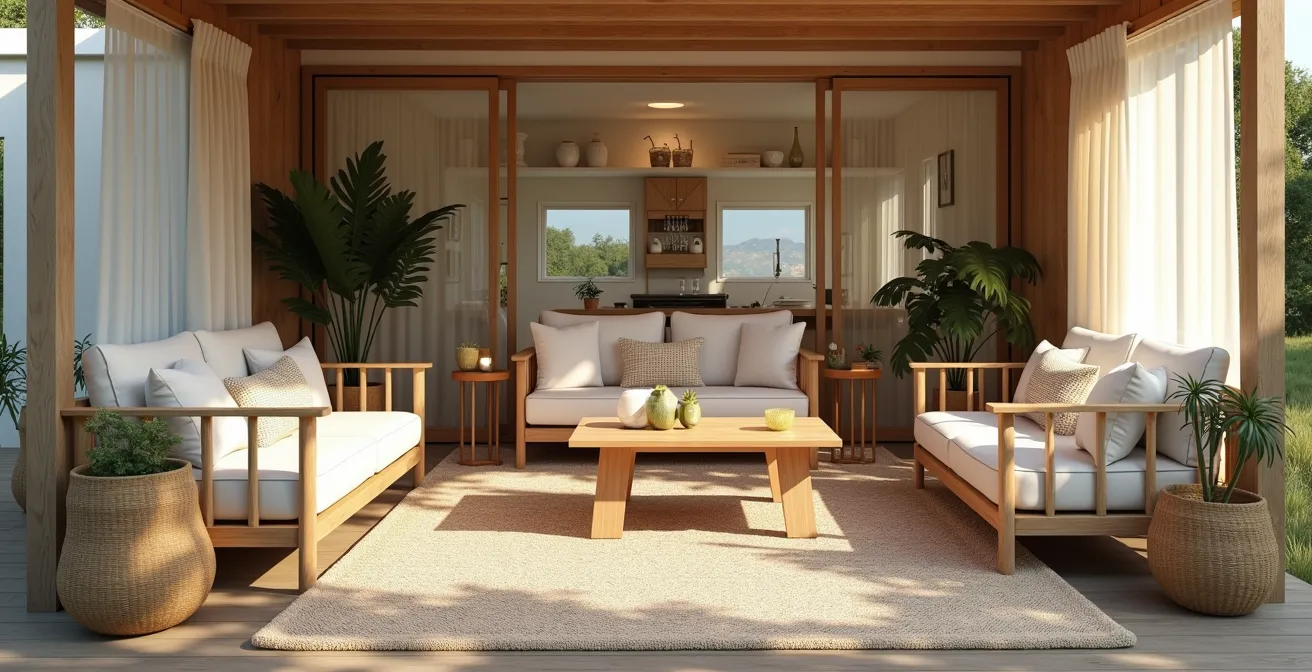 Veranda di maxi caravan organizzata in tre zone funzionali distinte