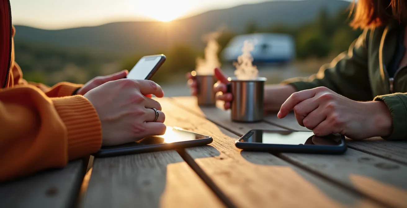 Mani che verificano recensioni di aree sosta su dispositivi multipli