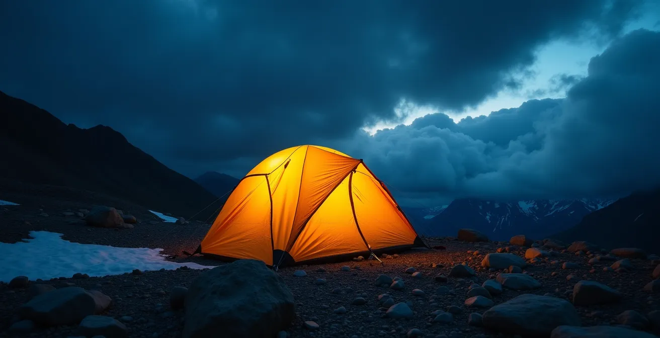 Tenda illuminata dall'interno in bivacco notturno d'alta montagna