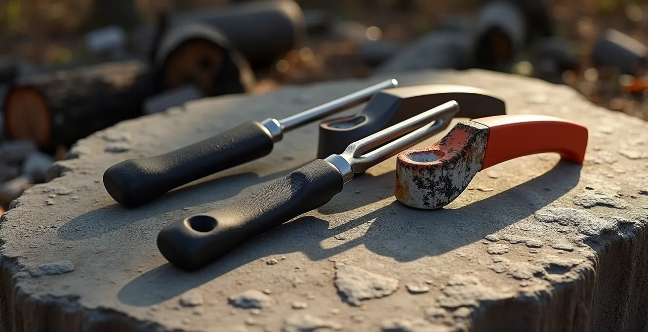 Vista ravvicinata di diversi tipi di manici per pentole da trekking disposti su roccia