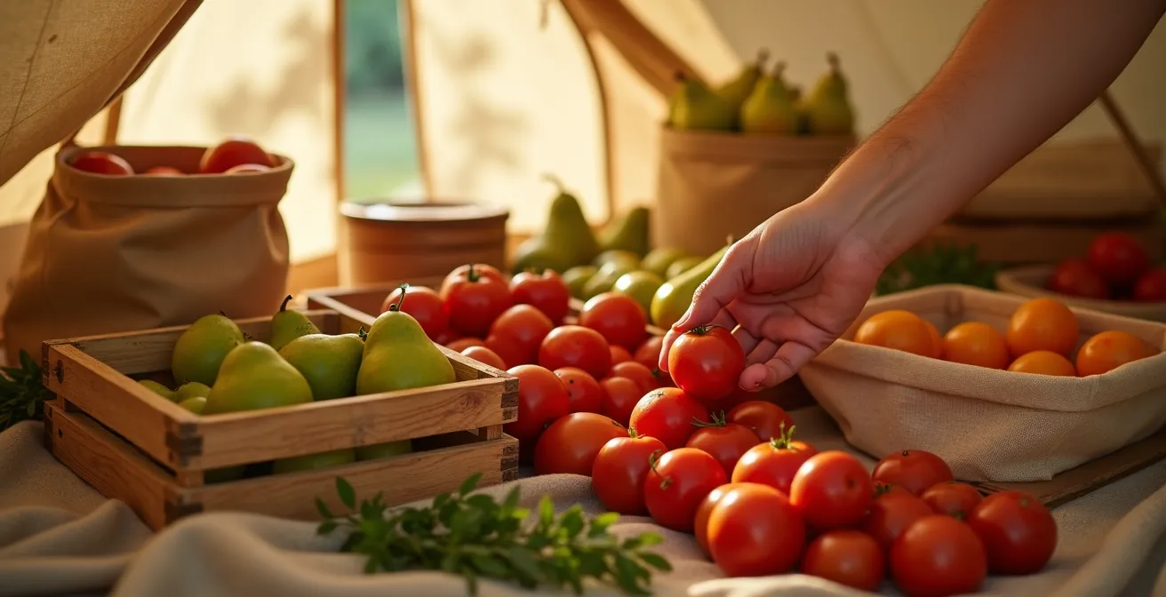 Interno di una tenda da campeggio con cassette di legno contenenti frutta e verdura organizzate per stadio di maturazione