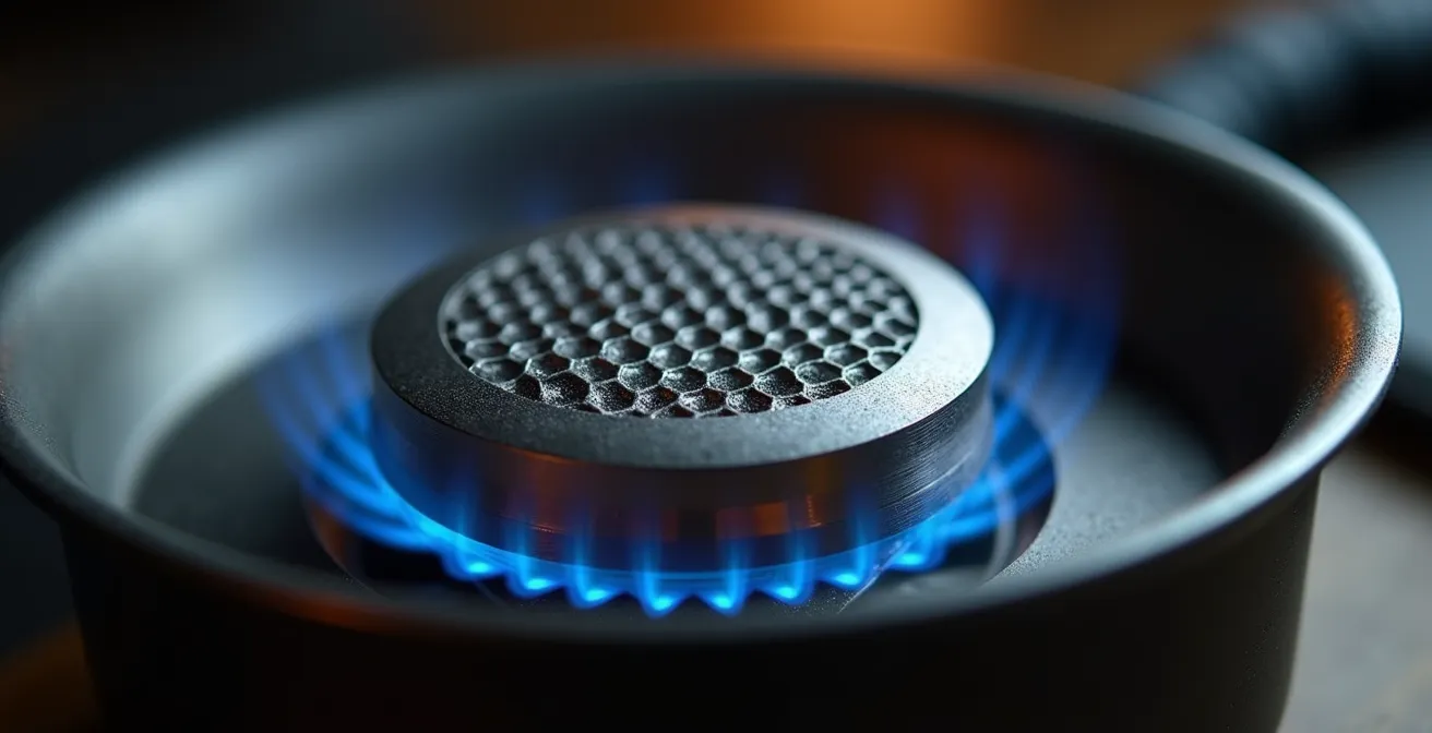 Vista macro di un diffusore di calore posizionato tra bruciatore e pentola da campeggio